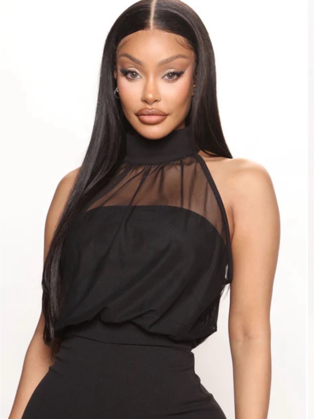 Fashion Nova Black Sheer Halter Wide-Leg Jumpsuit - Picture 2 of 7
